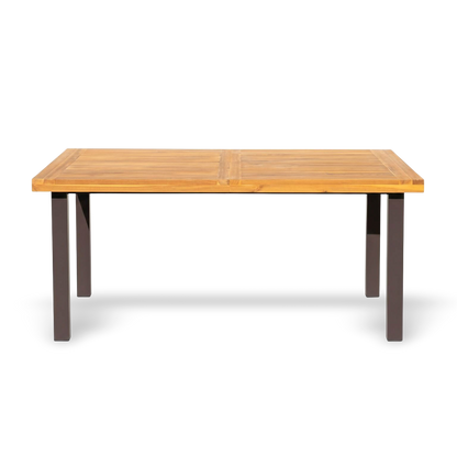 acacia wood dining table with iron legs for six, indoor-outdoor use