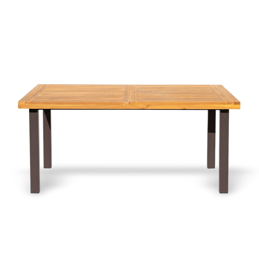 Acacia wood dining table for six with iron legs, indoor-outdoor use.