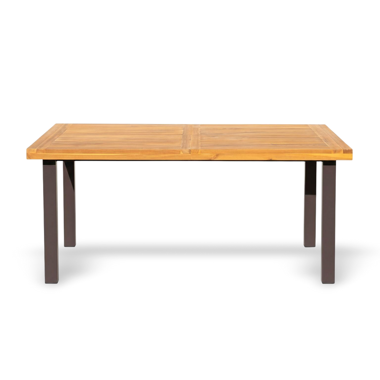 Acacia wood dining table for six with iron legs, indoor-outdoor use.