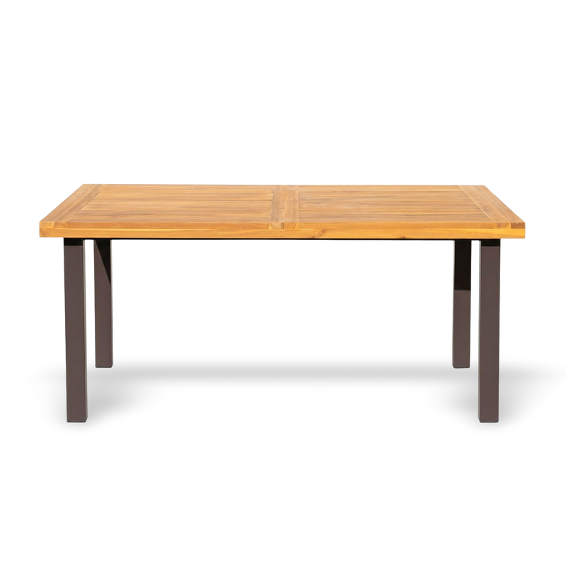 Acacia wood dining table for six with iron legs, indoor-outdoor use.