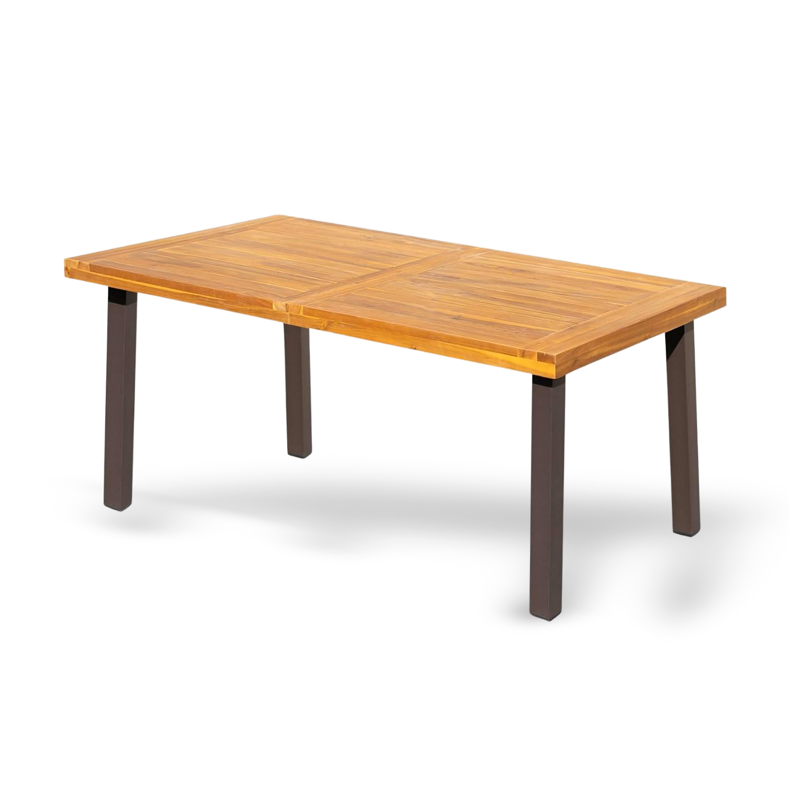 Acacia wood dining table for six with iron legs, indoor outdoor use.