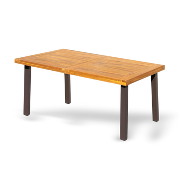 Acacia wood dining table for six with iron legs, indoor-outdoor use.