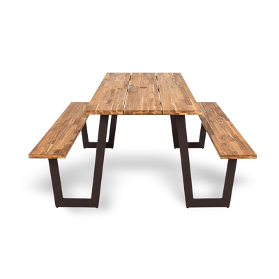 Acacia wood picnic table with two benches and dark metal legs for outdoor dining.