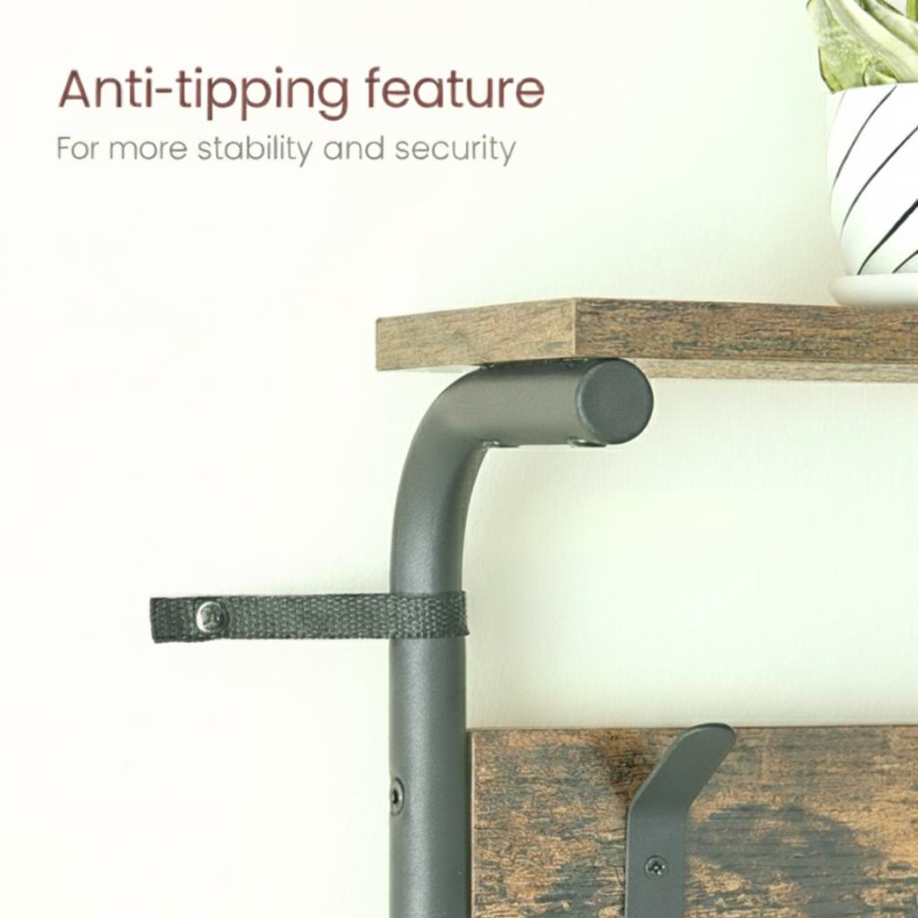 Anti-tipping feature on a piece of furniture with a wooden shelf and metal support.