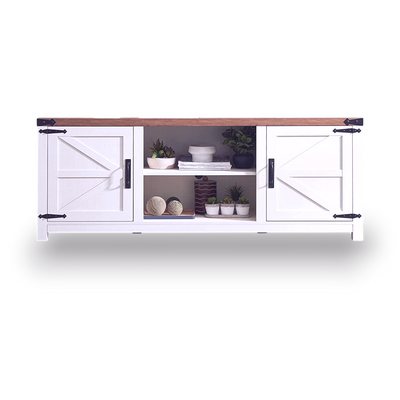 White wooden TV stand with glass panels and decorative items on a white background