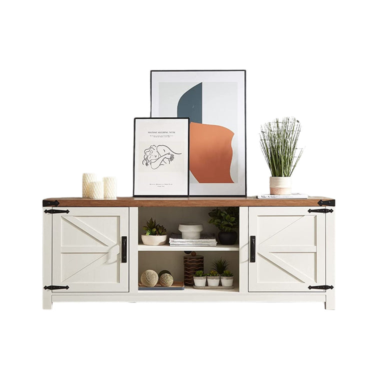 Antique White TV Stand With Barn Doors Open Cubby Storage