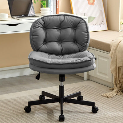 Armless desk chair with large caster wheels, tufted gray cushion, five-star base.