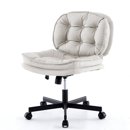 Armless office chair with cushioned beige upholstery and oversized caster wheels on a five-star base (plain studio)