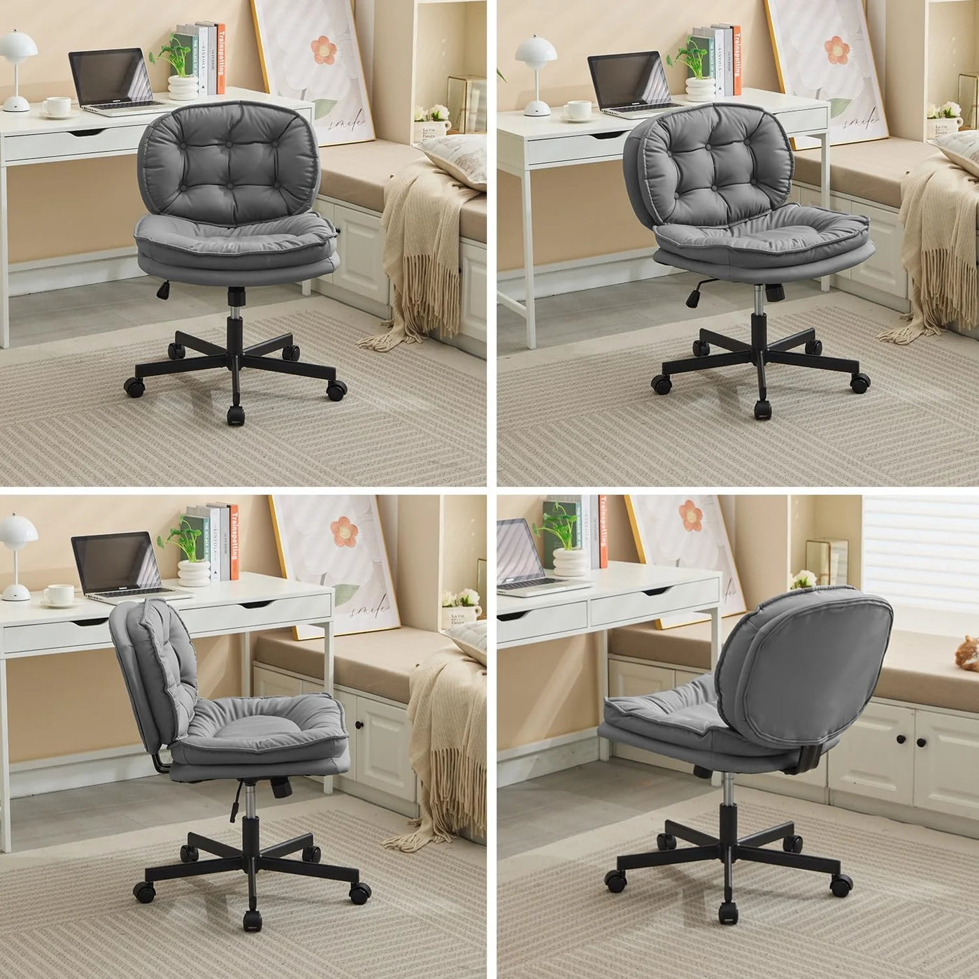 Armless office chair with tufted back, oversized caster wheels for smooth mobility on carpet, tile, and wood.
