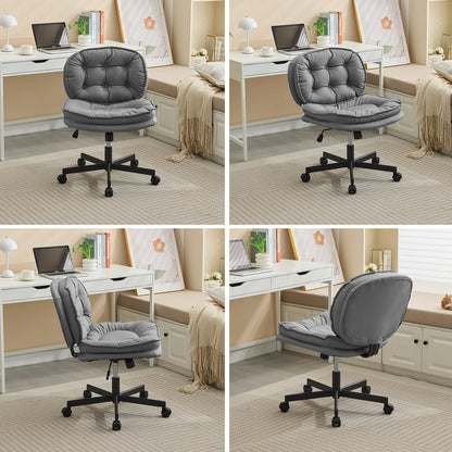 Armless office chair with tufted back, oversized caster wheels for smooth mobility on carpet, tile, and wood (feature callout)