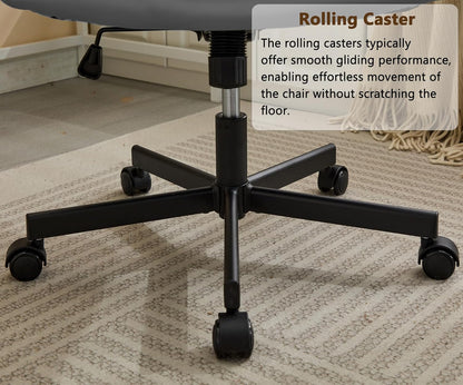 Armless office desk chair with large caster wheels for easy movement across carpet, tile, and wood (feature callout)