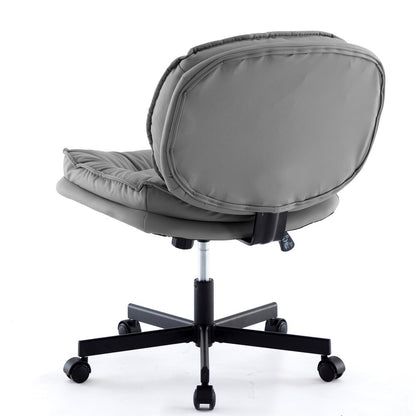 Armless office desk chair with large caster wheels, grey cushioned seat and back, five-star wheeled base (plain studio)