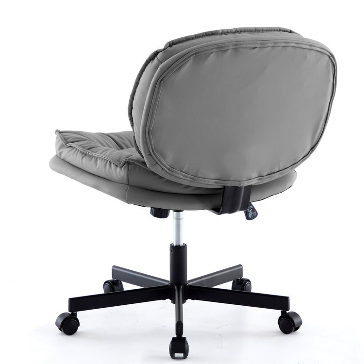 Armless office desk chair with large caster wheels, grey cushioned seat and back, five-star wheeled base.
