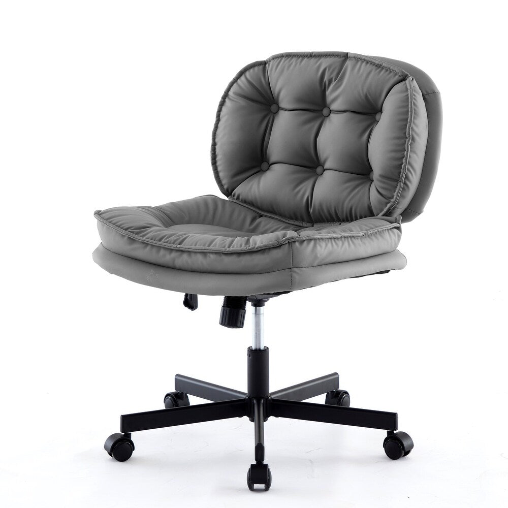 Armless office desk chair with large caster wheels, tufted gray cushions, five-star wheeled base