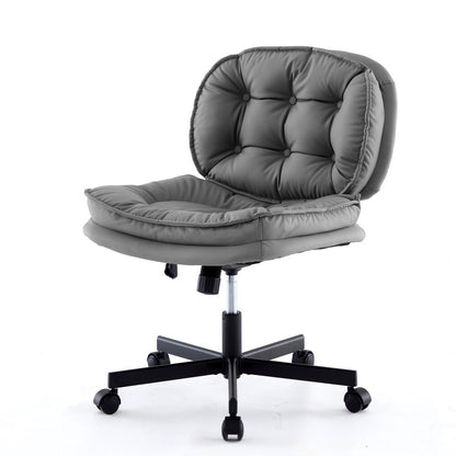 Armless office desk chair with large caster wheels, tufted gray cushions, five-star wheeled base (plain studio)