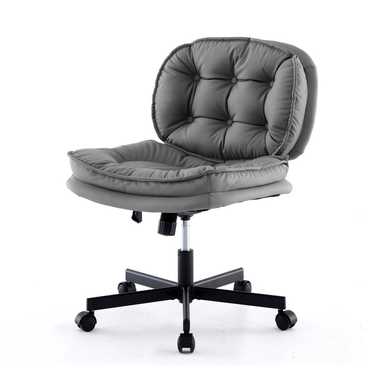 Armless office desk chair with large caster wheels, tufted gray cushions, five-star wheeled base