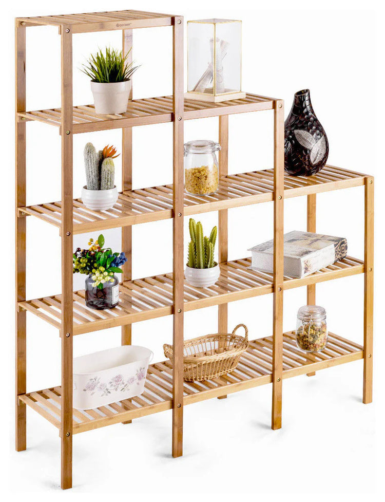 Bamboo Wood Five-Tier Bookcase Plant Stand, Premium Collection, natural bamboo shelves with plants and decor.