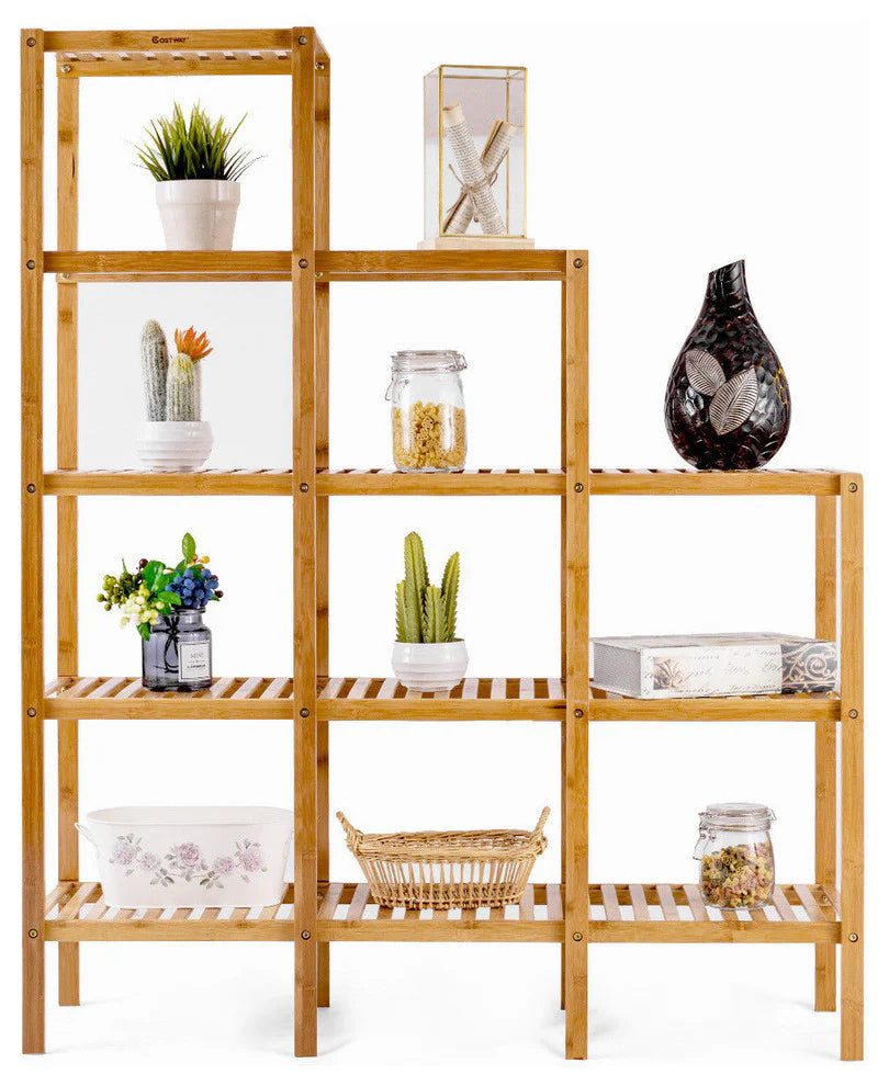 Bamboo Wood Five-Tier Bookcase Plant Stand with plants and decorative jars.