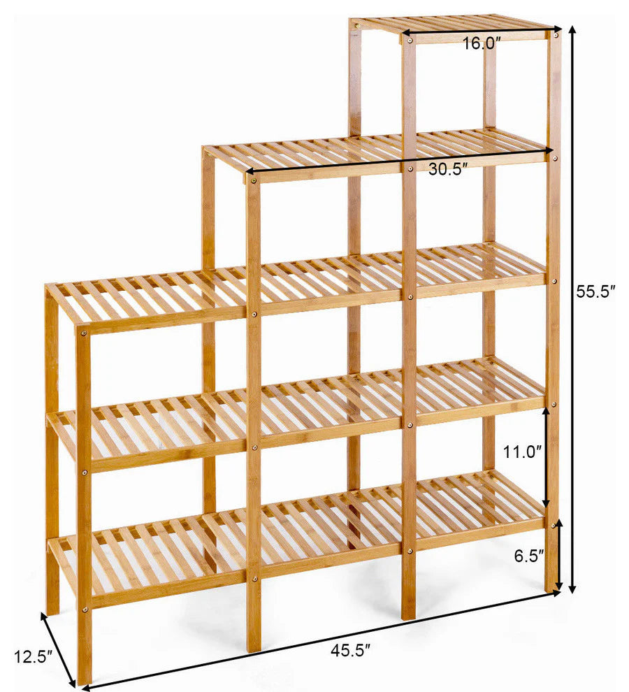 Bamboo Wood Five Tier Bookcase Plant Stand Premium Collection with slatted shelves, natural finish.