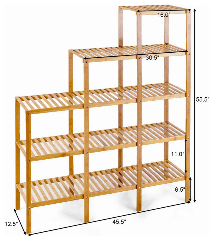 Bamboo Wood Five Tier Bookcase Plant Stand Premium Collection with slatted shelves, natural finish.