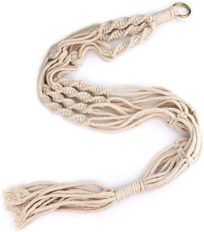 Beige macrame plant hanger with tassels on a white background