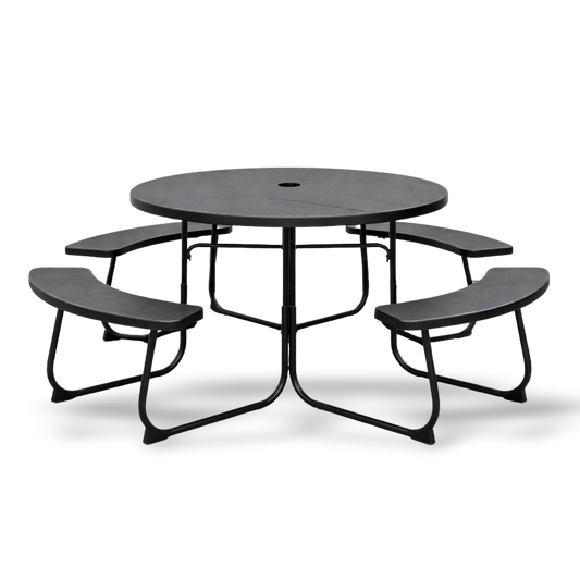 Black HDPE round picnic table with attached benches and umbrella hole for outdoor gatherings, seating up to eight.