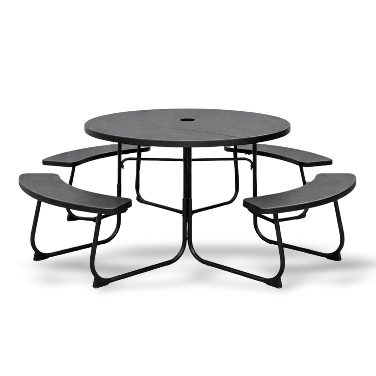 Black HDPE round picnic table with attached benches and umbrella hole for outdoor gatherings, seating up to eight.