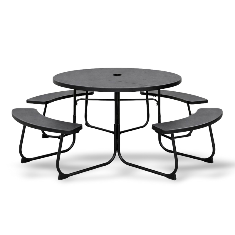 Black HDPE round picnic table with attached benches and umbrella hole for outdoor gatherings, seating up to eight.