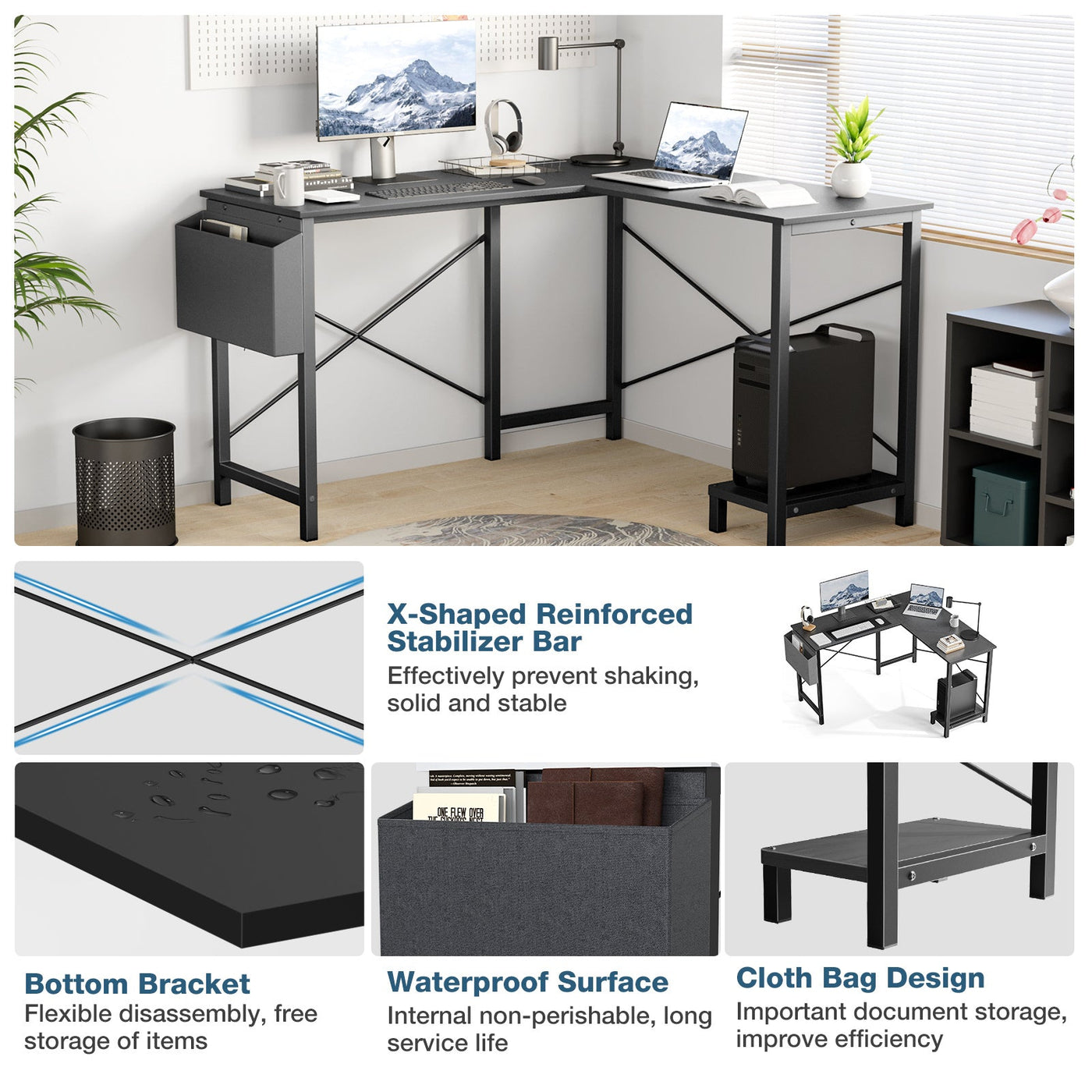 Black L-shaped desk with computer setup in a room, featuring text on desk features.