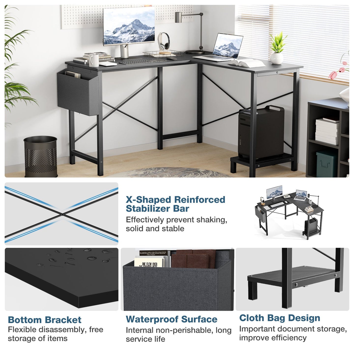 Black L-shaped desk with computer setup in a room, featuring text on desk features.