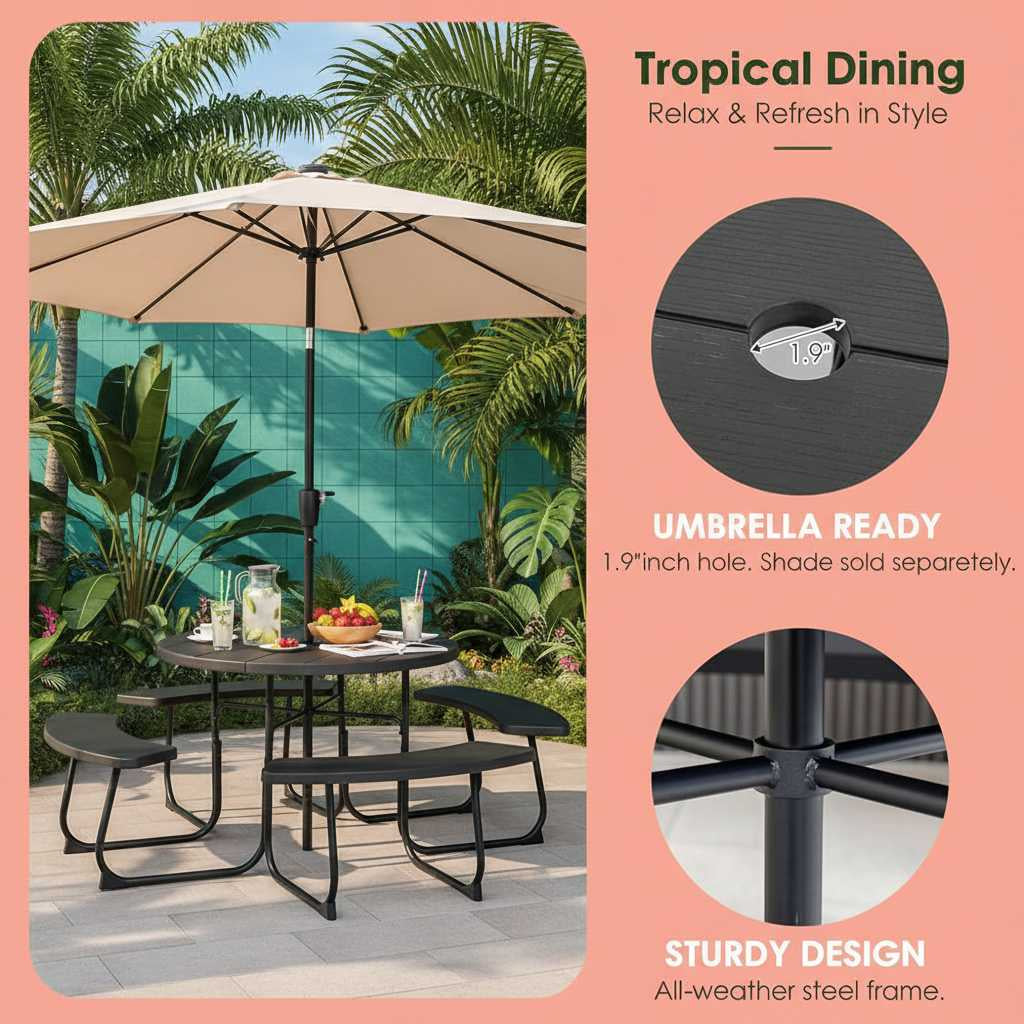 Black Outdoor HDPE Picnic Table Bench Set with Umbrella Hole, seating up to eight, on patio.