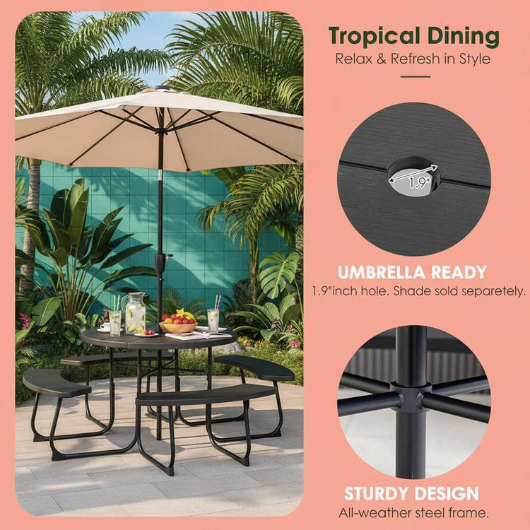 Black Outdoor HDPE Picnic Table Bench Set with Umbrella Hole, seating up to eight, on patio.