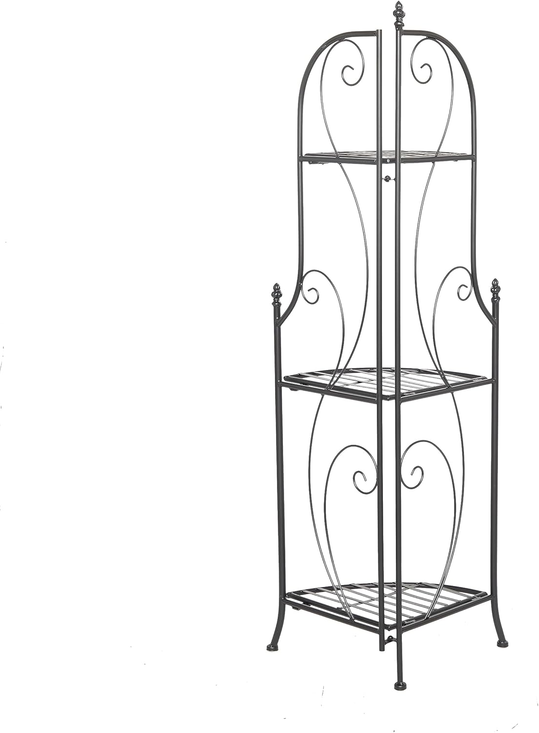 Black metal decorative shelf with three tiers on a white background