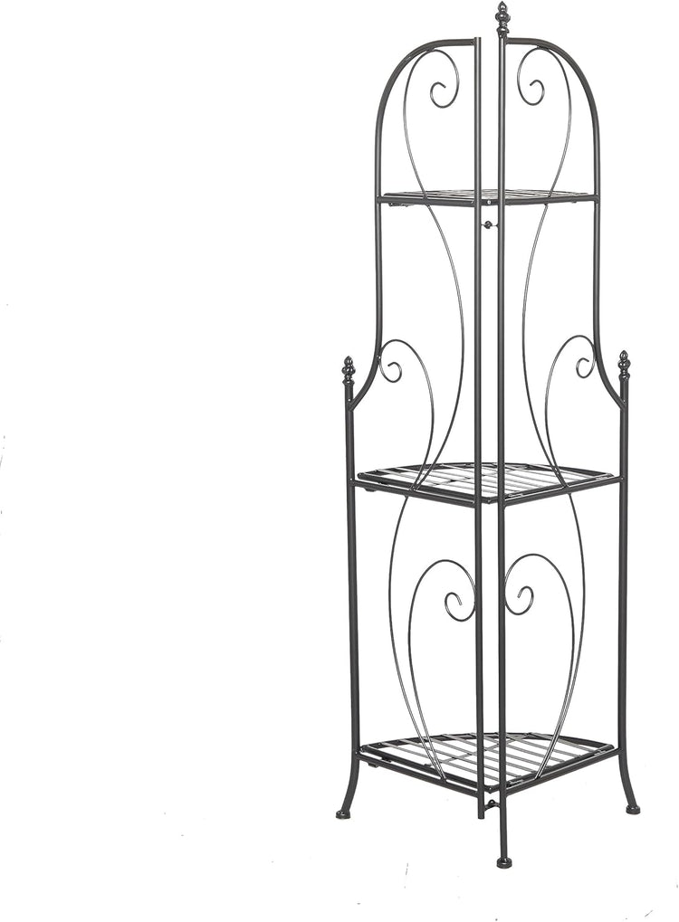 Black metal decorative shelf with three tiers on a white background