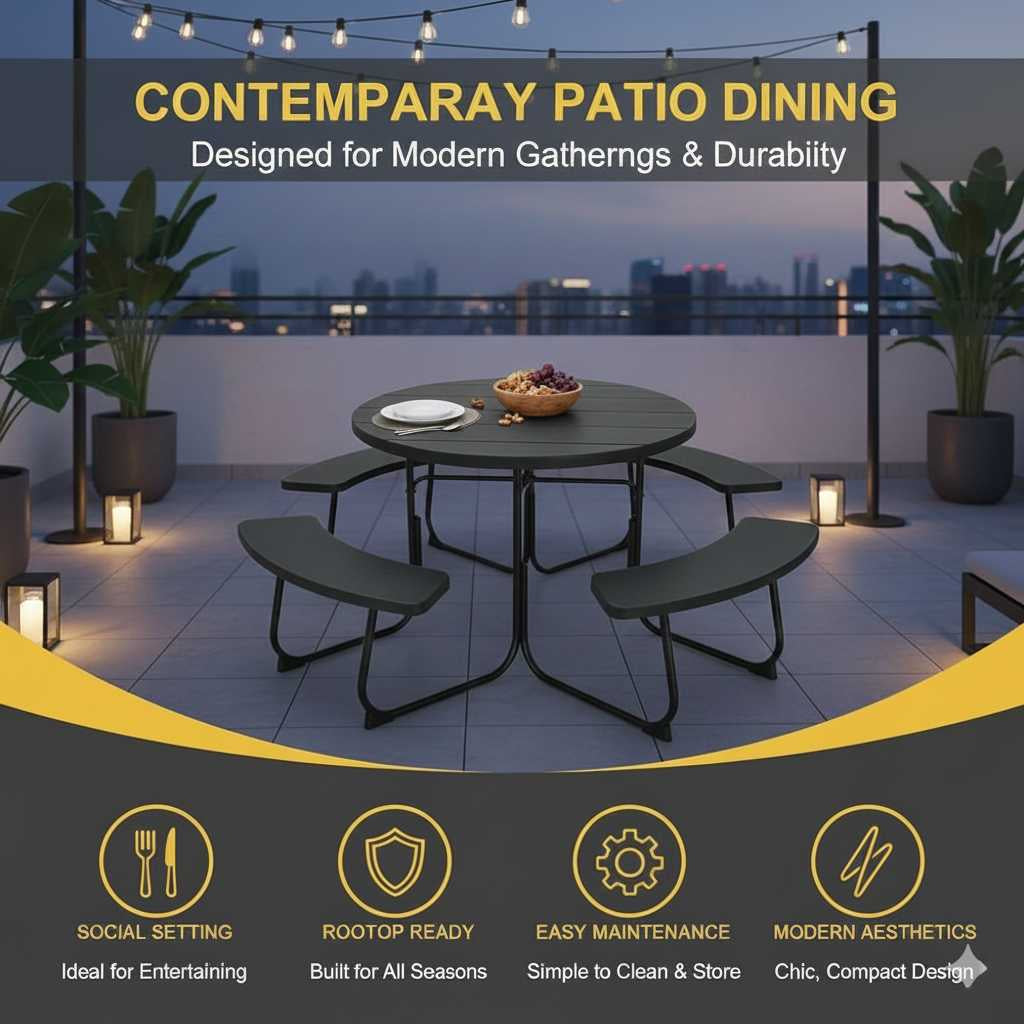 Black outdoor HDPE picnic table with umbrella hole and curved benches, seating up to eight on a modern patio.