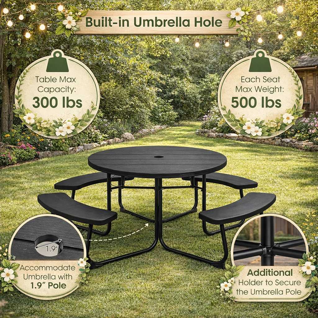 Black outdoor HDPE round picnic table with attached benches and umbrella hole; seats up to eight, weather-resistant.