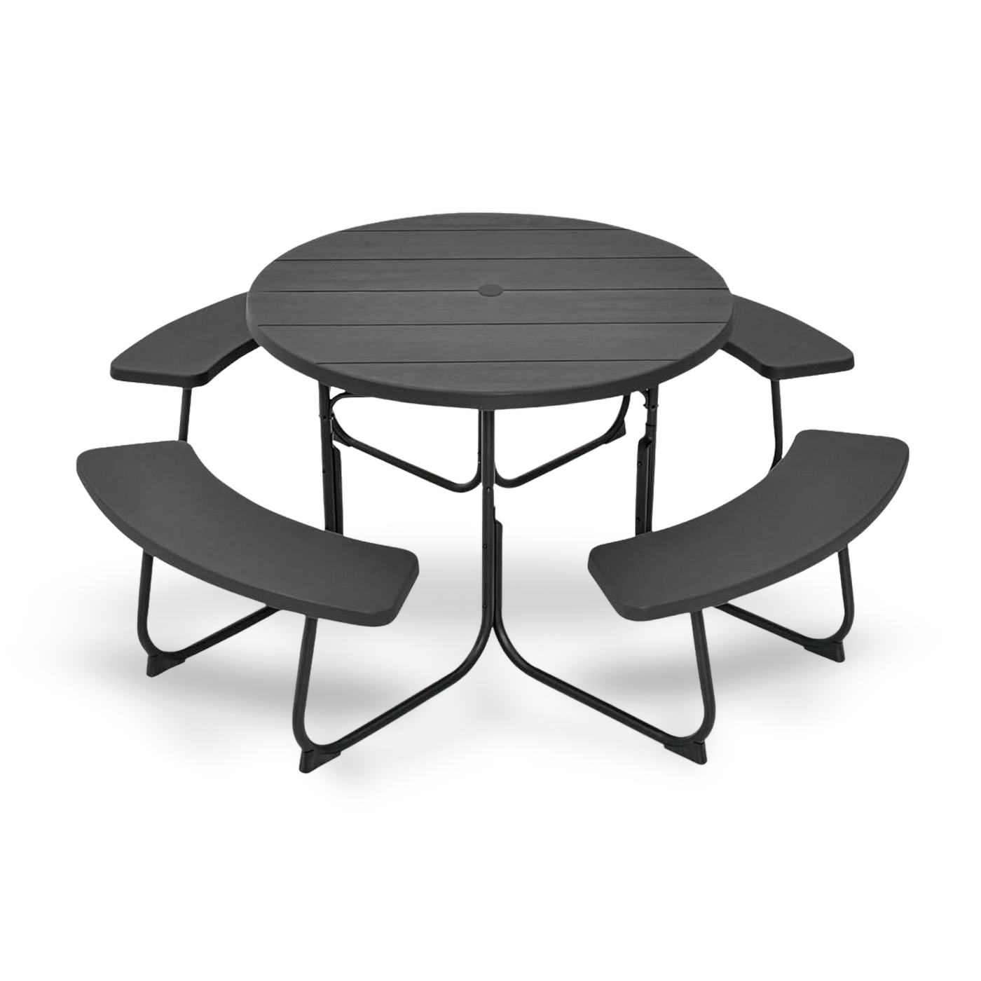 Black outdoor HDPE round picnic table with attached curved benches, umbrella hole, seats up to eight.
