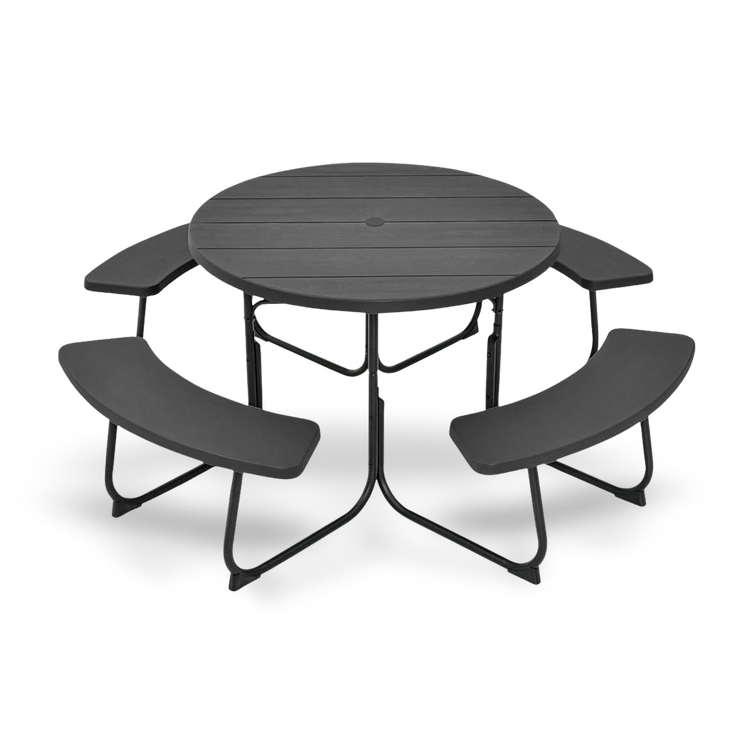 Black outdoor HDPE round picnic table with attached curved benches, umbrella hole, seats up to eight.
