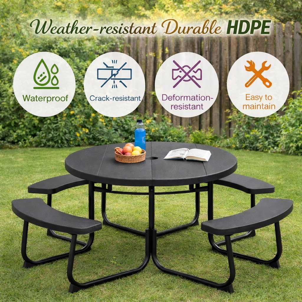 Black outdoor HDPE round picnic table with umbrella hole and curved benches; seats eight, weather-resistant.