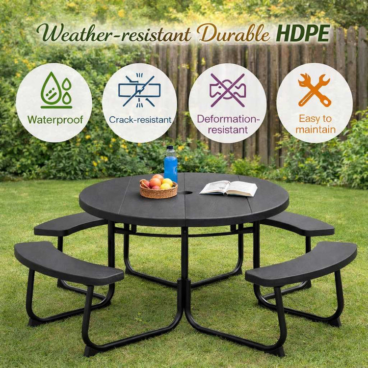 Black outdoor HDPE round picnic table with umbrella hole and curved benches; seats eight, weather-resistant.