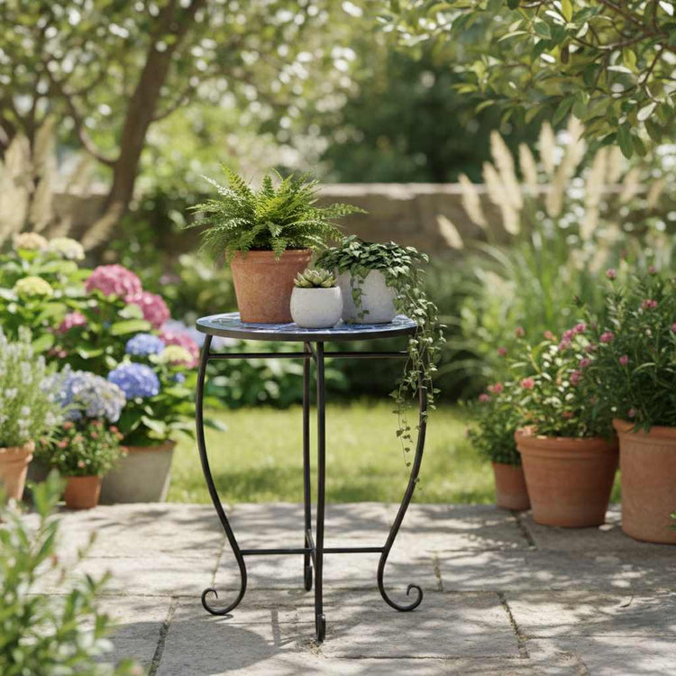 Blue Mosaic Round Side Table-plant stand table, Artisan Exclusive Collection, reinforced steel X-brace frame for indoor/outdoor use.