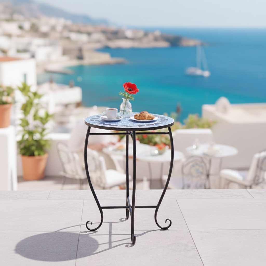 Blue Mosaic Round Side Table from Artisan Exclusive Collection with reinforced steel frame and X-brace, indoor/outdoor use.