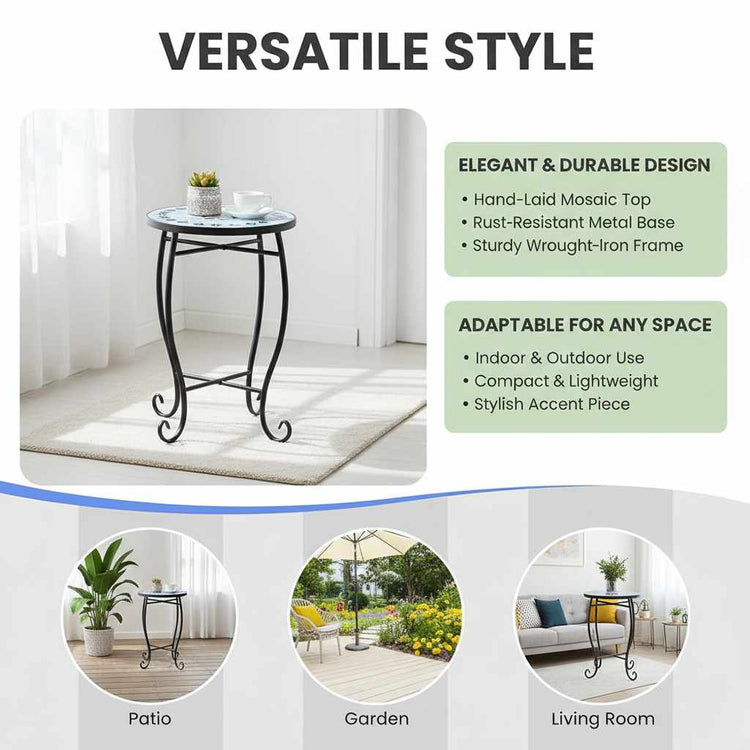 Blue Mosaic Round Side Table, Artisan Exclusive Collection highlights, reinforced steel frame with X-brace bottom, indoor/outdoor.