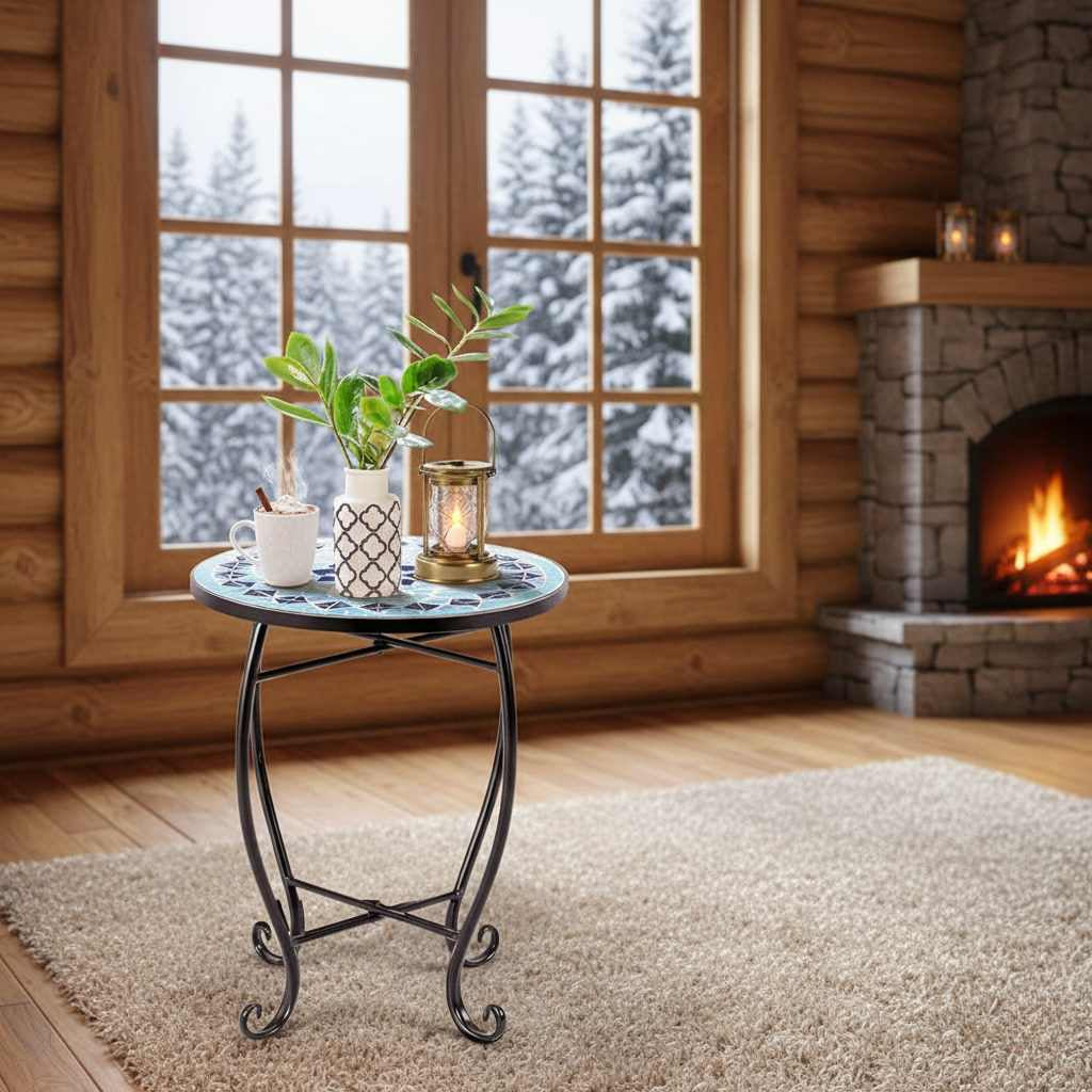 Blue Mosaic Round Side Table, Artisan Exclusive Collection, indoor outdoor use, reinforced steel frame with X-brace.