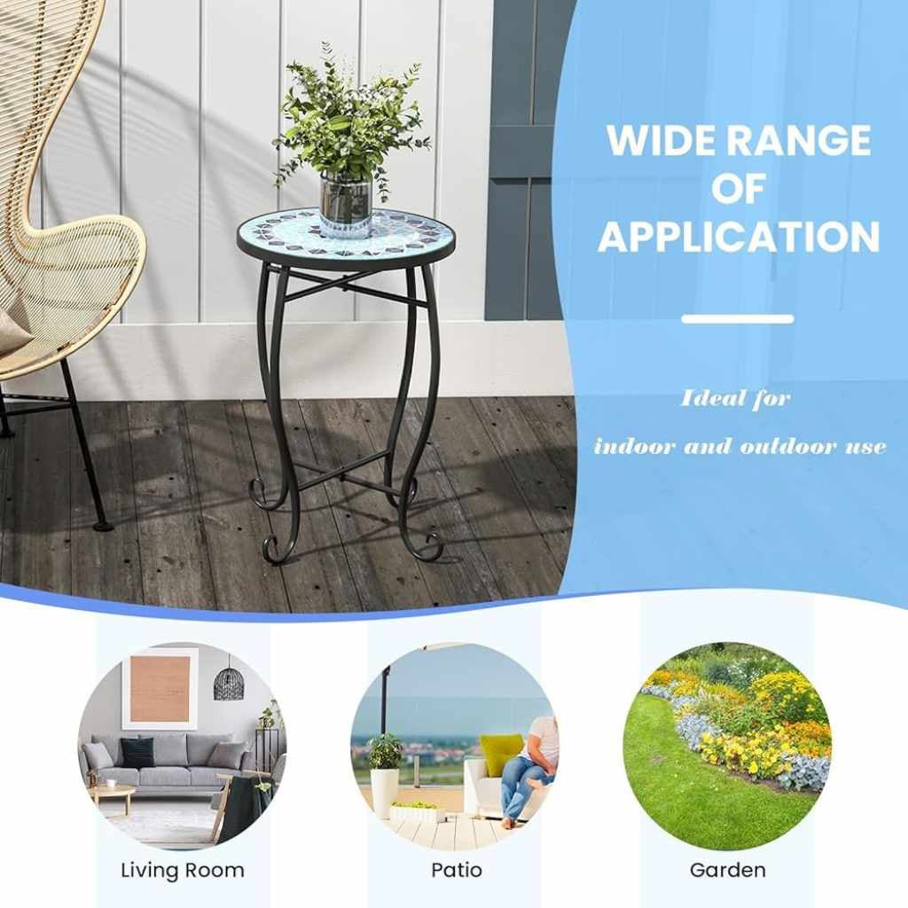 Blue Mosaic Round Side Table, Artisan Exclusive Collection, reinforced steel frame with X-brace for indoor-outdoor use.