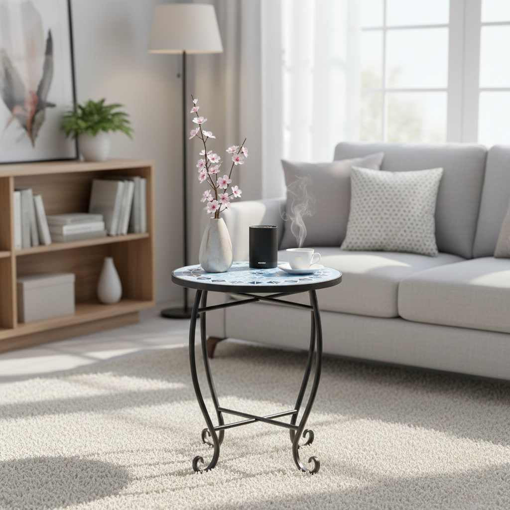 Blue Mosaic Round Side Table Artisan Exclusive Collection with reinforced steel X-brace legs in indoor living room.