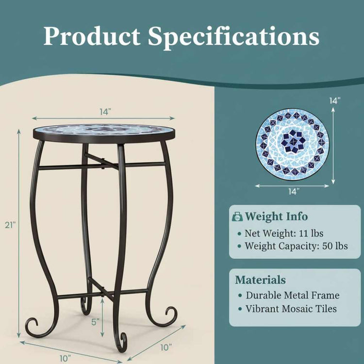 Blue Mosaic Round Side Table Specification from Artisan Exclusive Collection; reinforced steel frame, indoor/outdoor use.