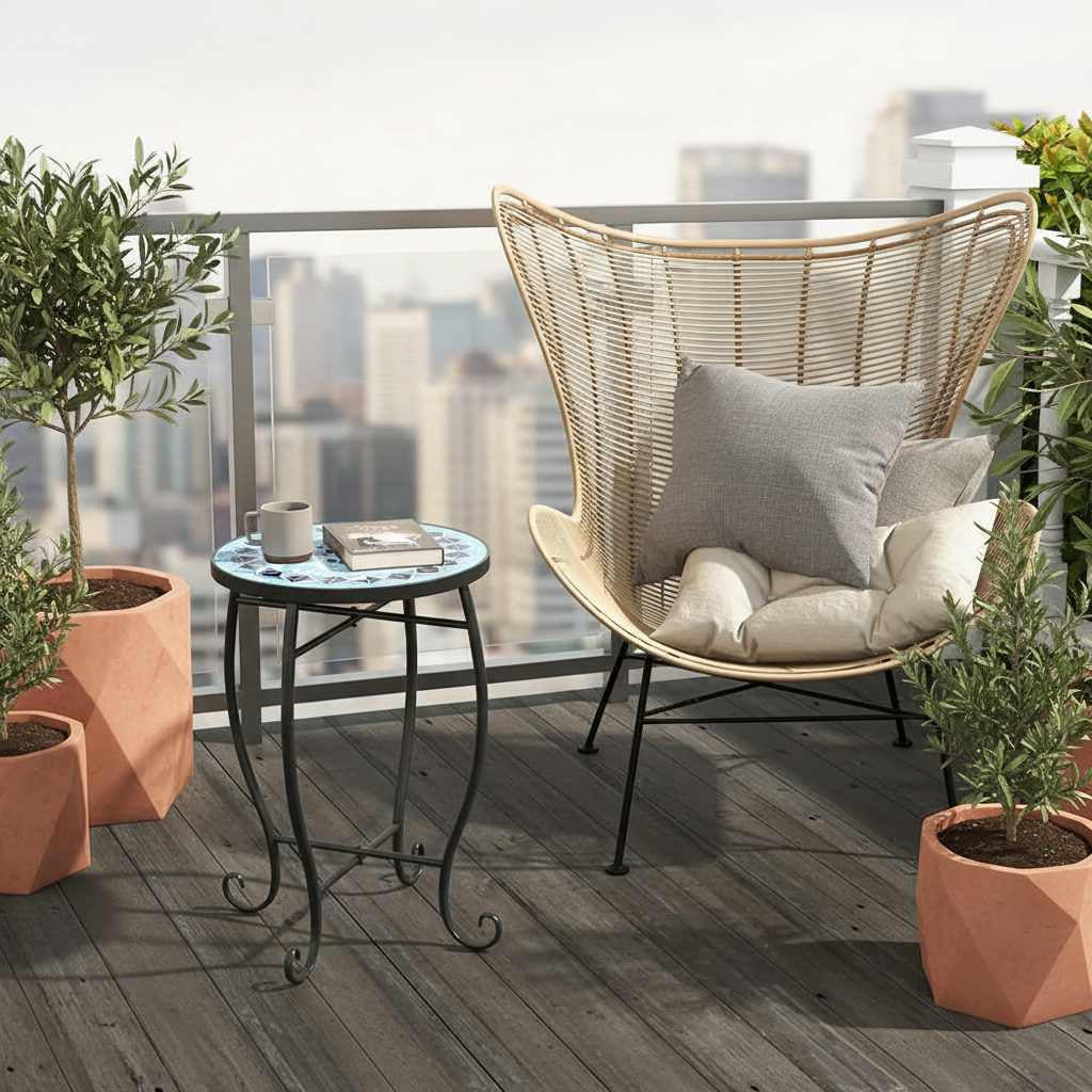 Blue Mosaic Round Side Table from Artisan Exclusive Collection;reinforced steel frame with X-brace, indoor/outdoor use.