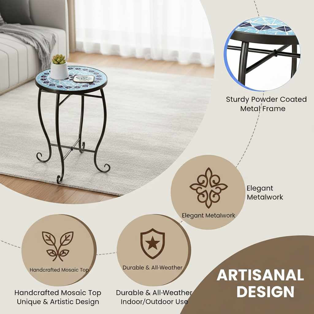 Blue Mosaic Round Side Table from Artisan Exclusive Collection details for indoor/outdoor use; reinforced steel X-brace frame.
