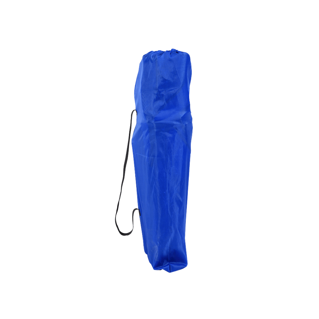 Blue carry bag for a two-person portable outdoor chair with removable sun umbrella.